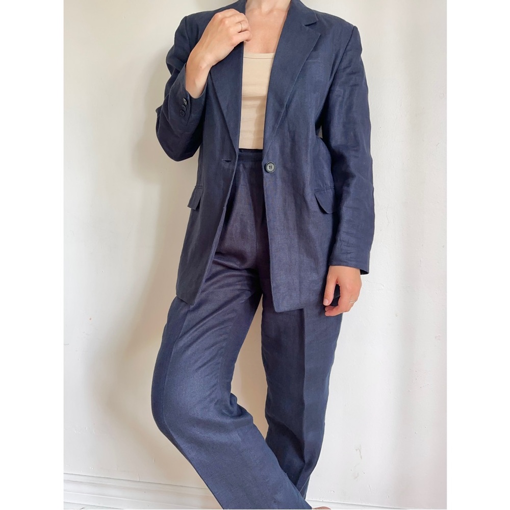 VINTAGE NAVY LINEN BLAZER PANTSUIT TALBOTS ONE BUTTON HIGH RISE DRESS PANTS S-M - Picture 4 of 12